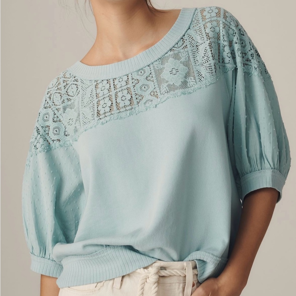 Light Blue Lace Yoke Women's Top